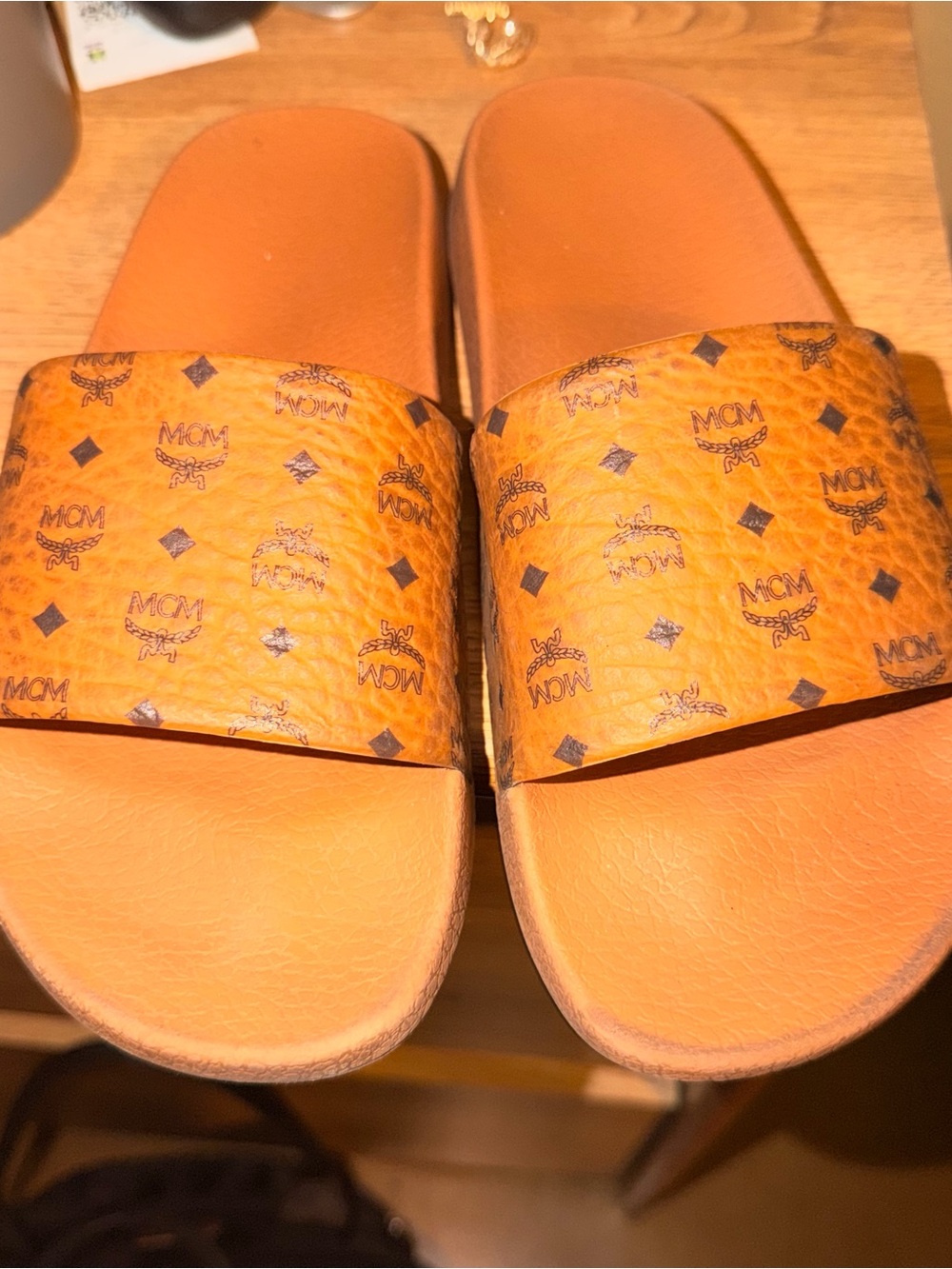 MCM Cognac Logo Slide Sandals in Tan Leather